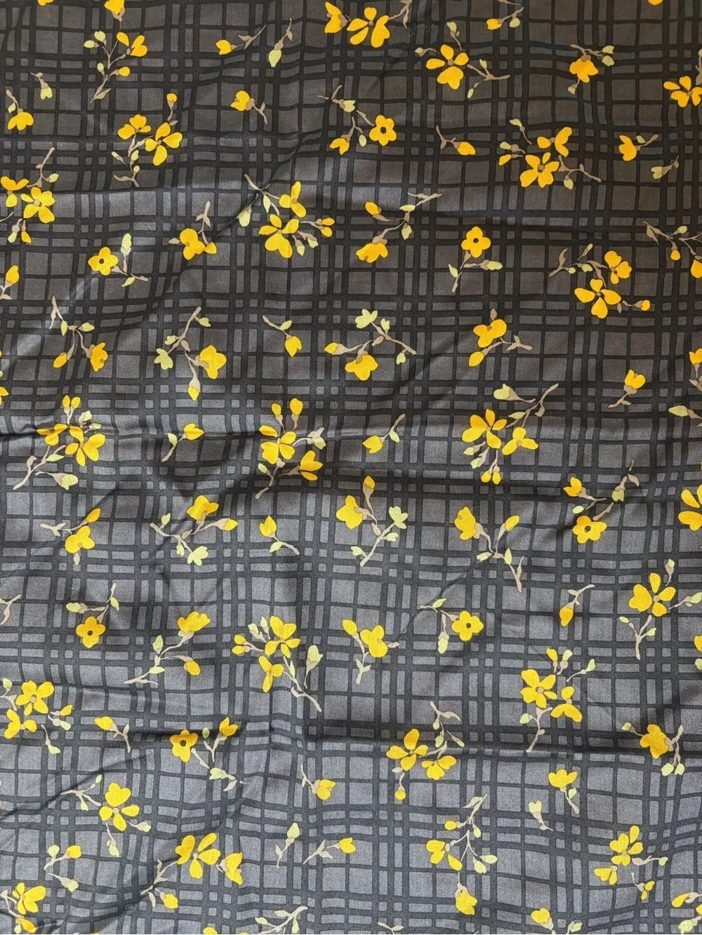 Burberry Navy Plaid Silk Scarf with Yellow Floral Motif